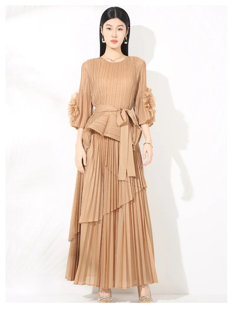 High-End Pleated Midi Skirt Set - Statement Sleeves