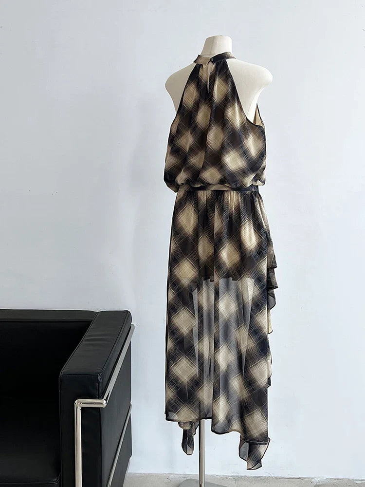 Plaid Asymmetric Halter High-Low Top