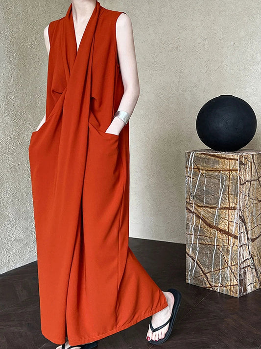 Elegant Draped Sleeveless Midi Dress with Pockets