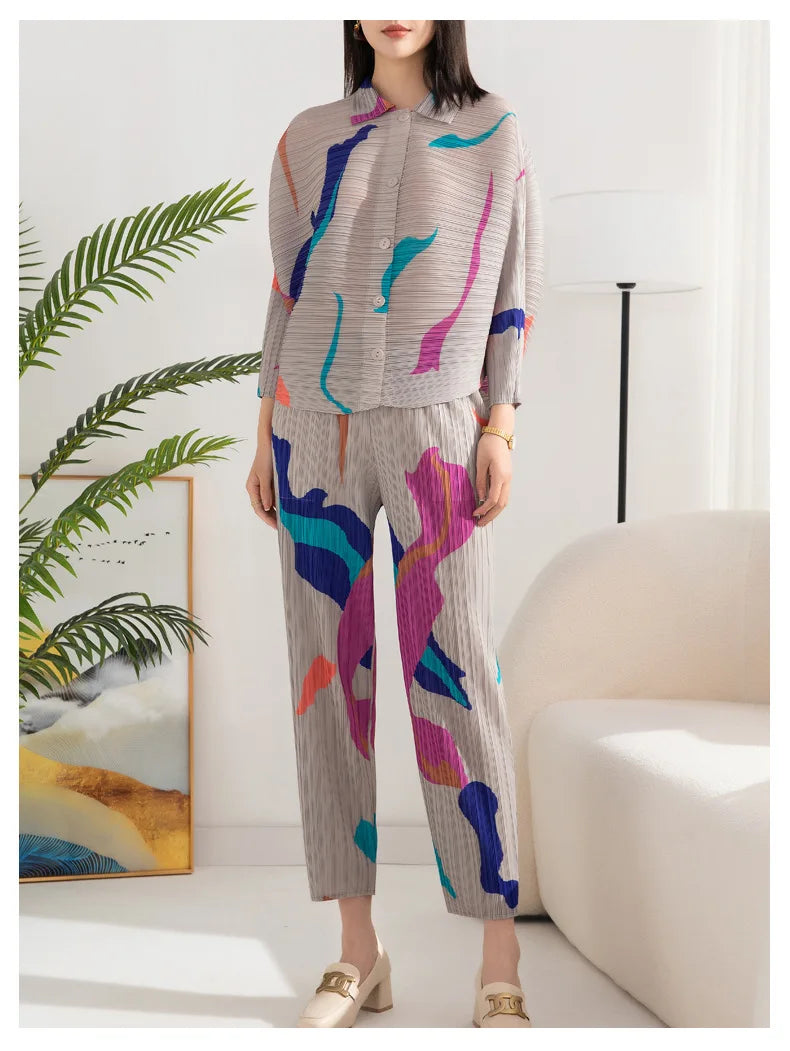 Japanese Pleated Plissé Pull-On Trousers Set