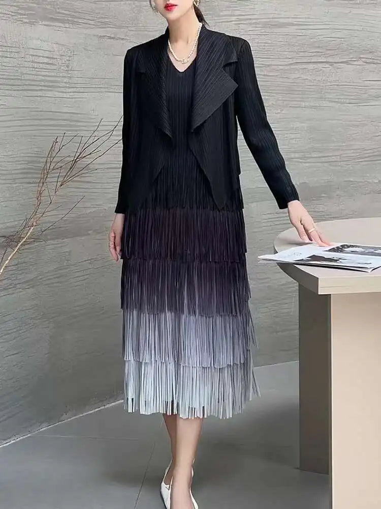 Pleated Fringe Ombre Dress Set