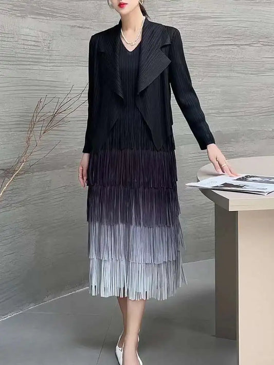 Pleated Fringe Ombre Dress Set