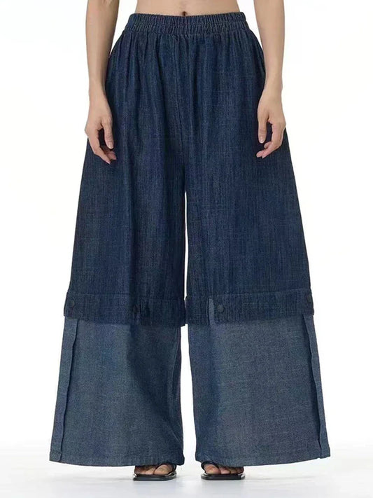 Cotton Denim Wide-Leg Pants with Elastic Waistband