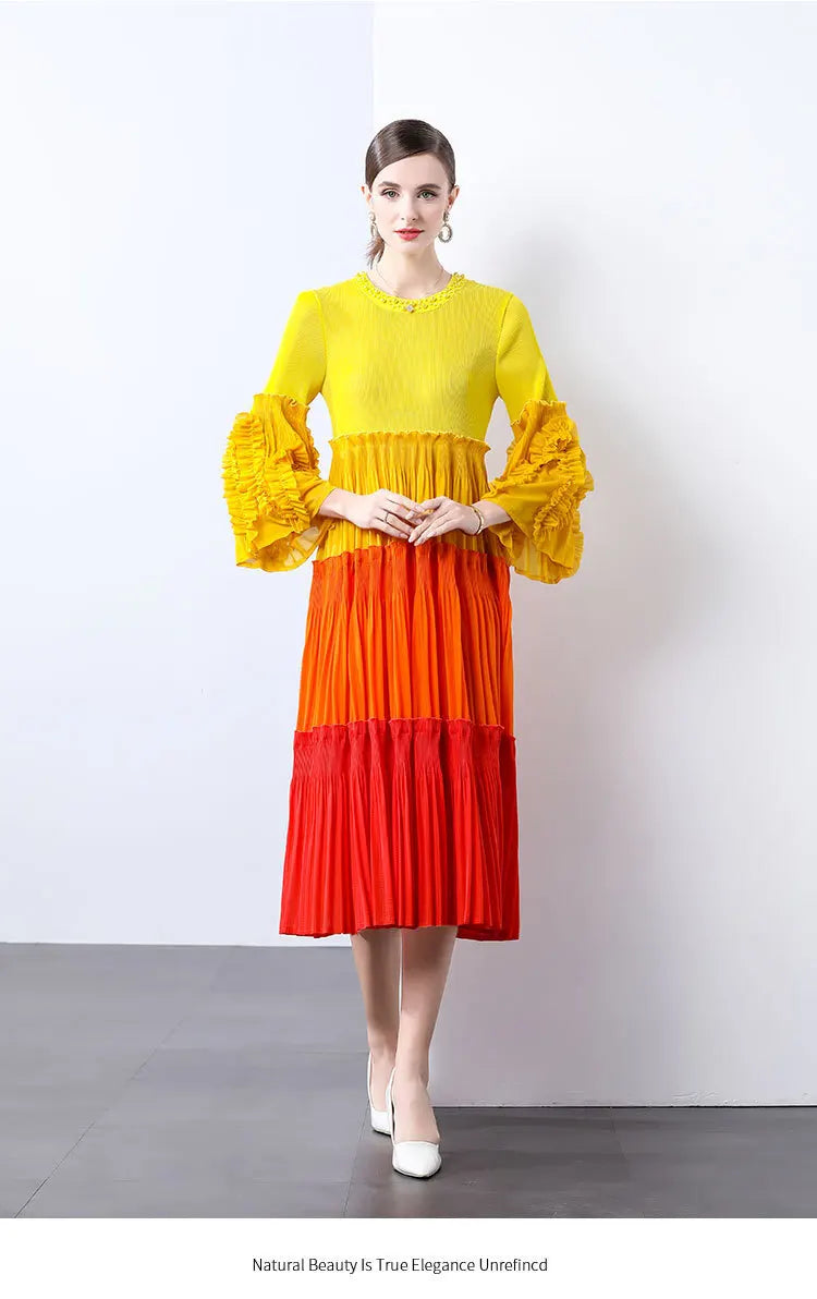 Ombre Pleated Dress - Ruffle Sleeve