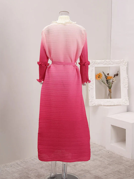 Plissé Pleated Duster Coat with Ruffled Detailing