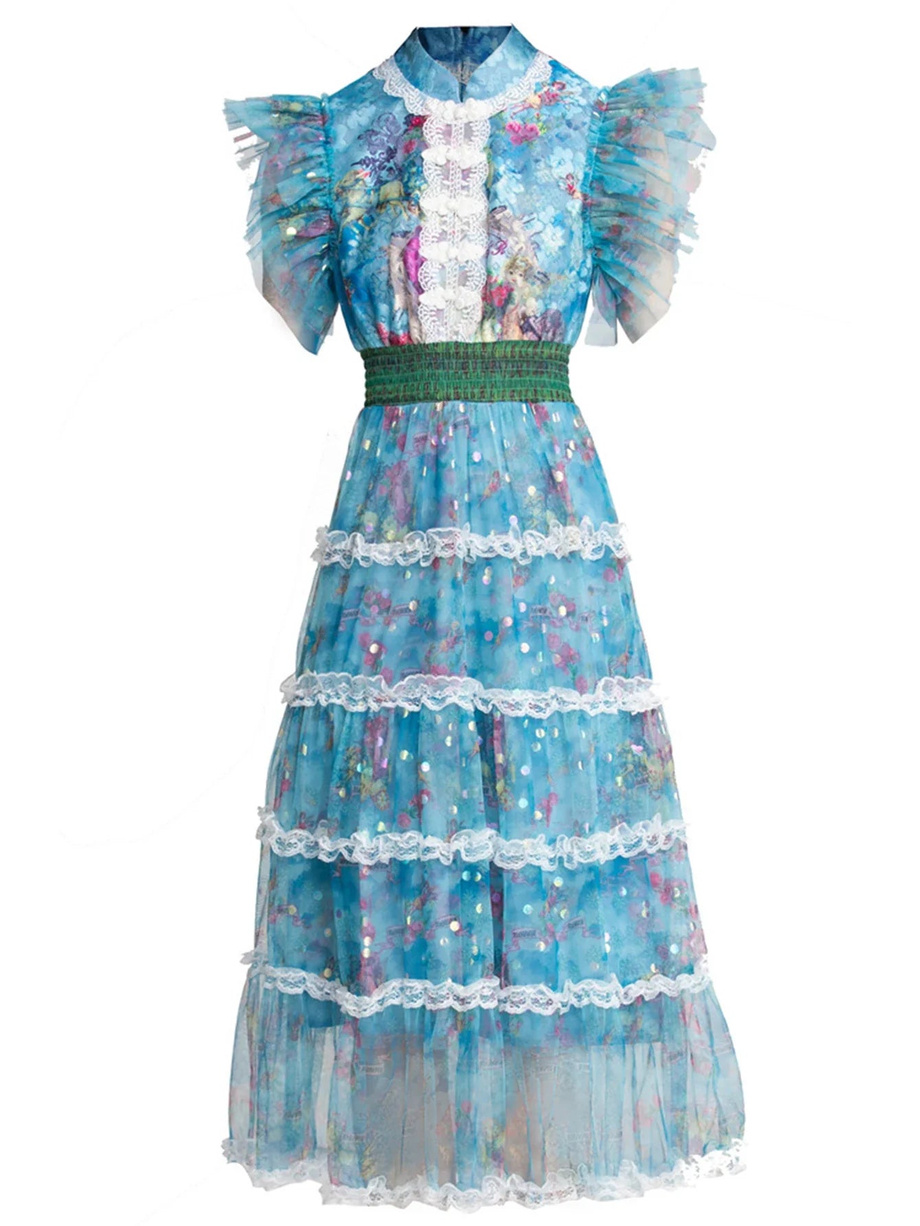 Blue Floral Midi Dress Ruffle Cap Sleeves
