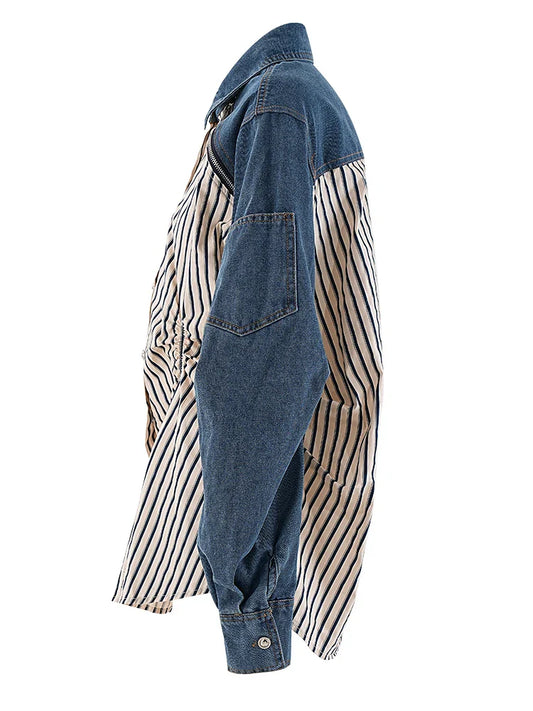 Denim Ruched Stripe Blouse