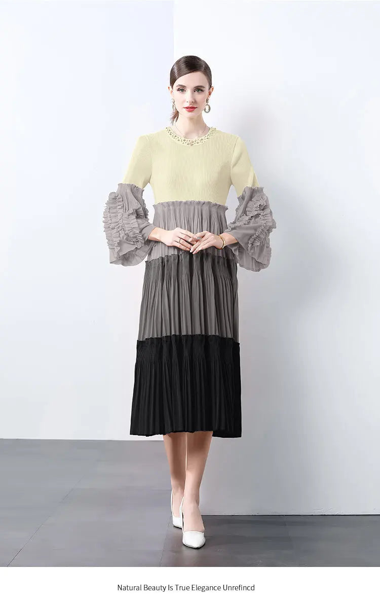 Ombre Pleated Dress - Ruffle Sleeve