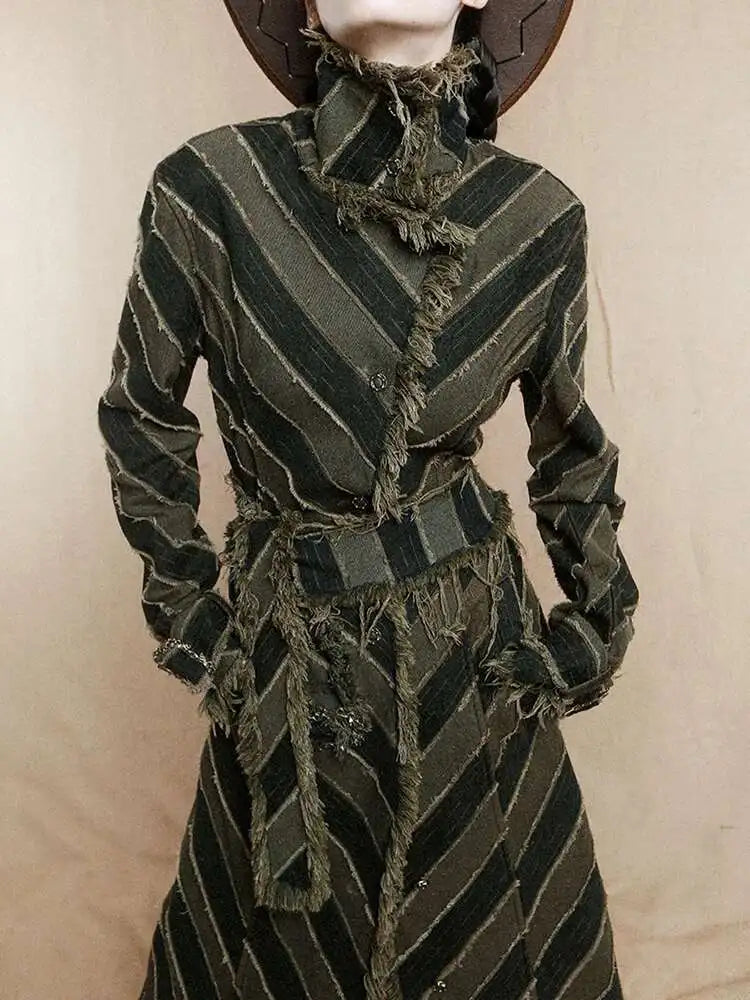 Striped Rustic Denim Trench Coat