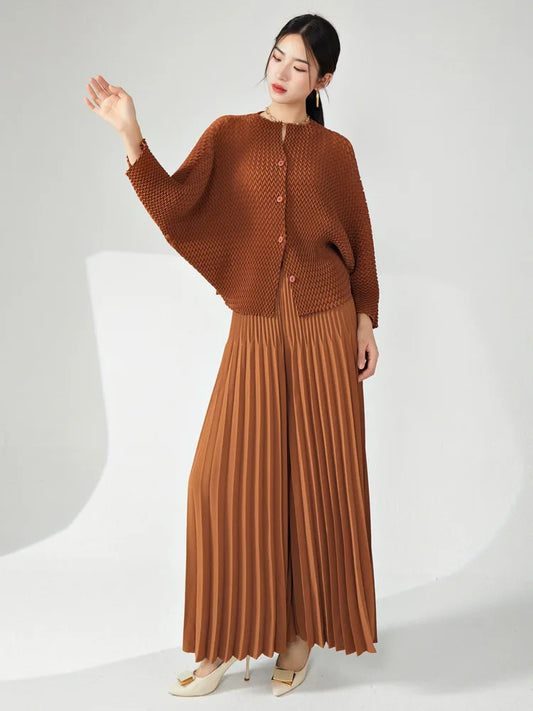 Genuine Pleated Wide Leg Pants & Cardigan Set