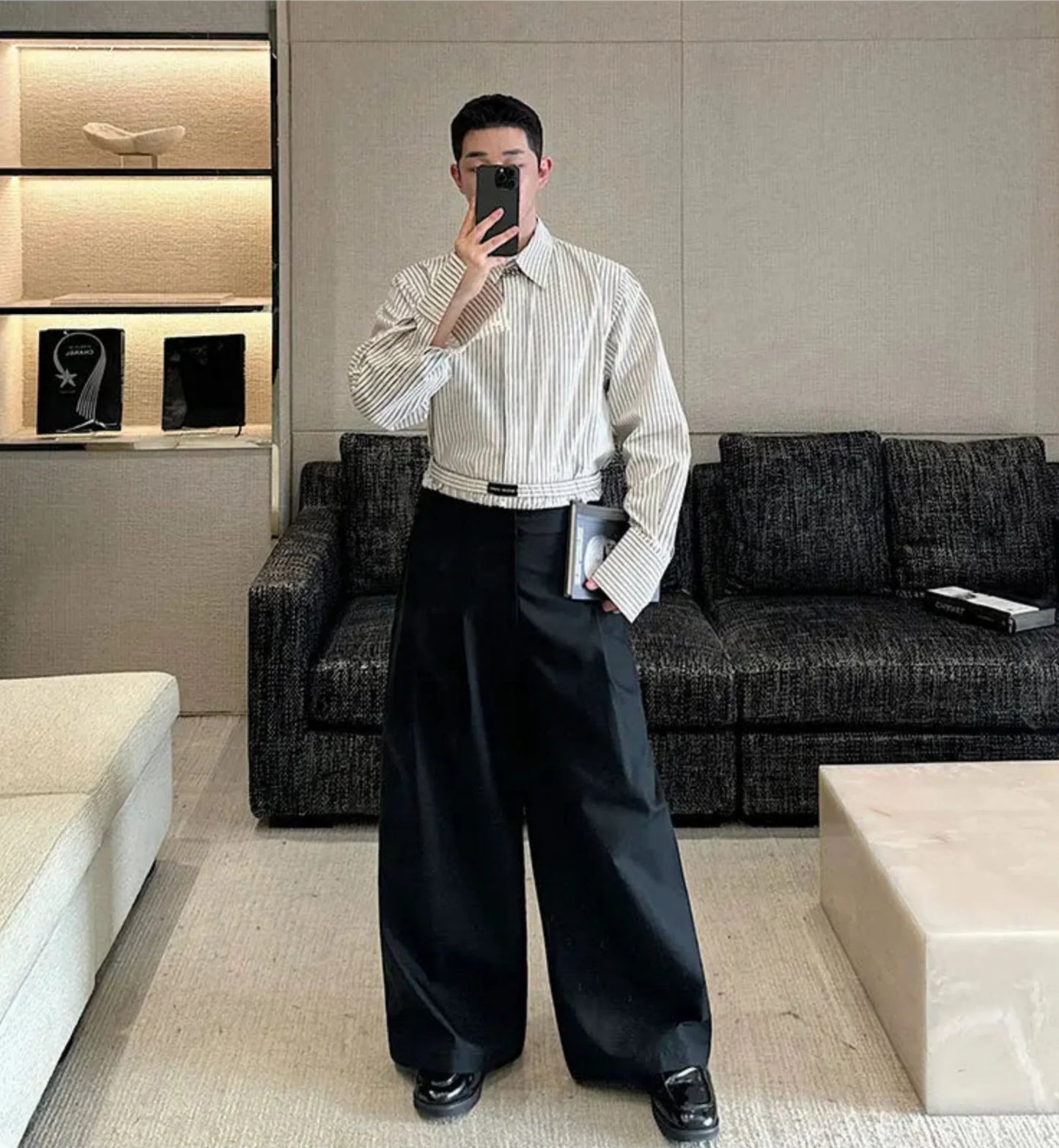 Luxury Men's Streetwear Striped Shirt & Wide-Leg Trousers