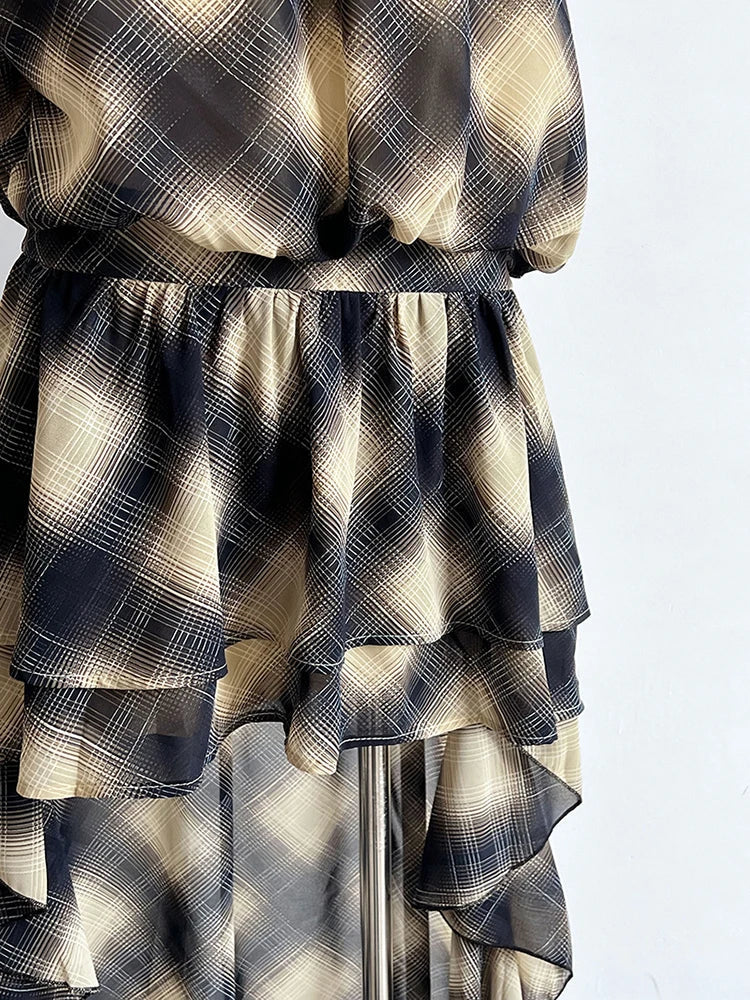 Plaid Asymmetric Halter High-Low Top