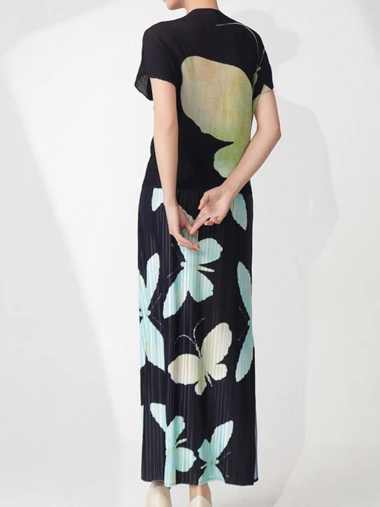 Butterfly Pleated Maxi Skirt & Top Set