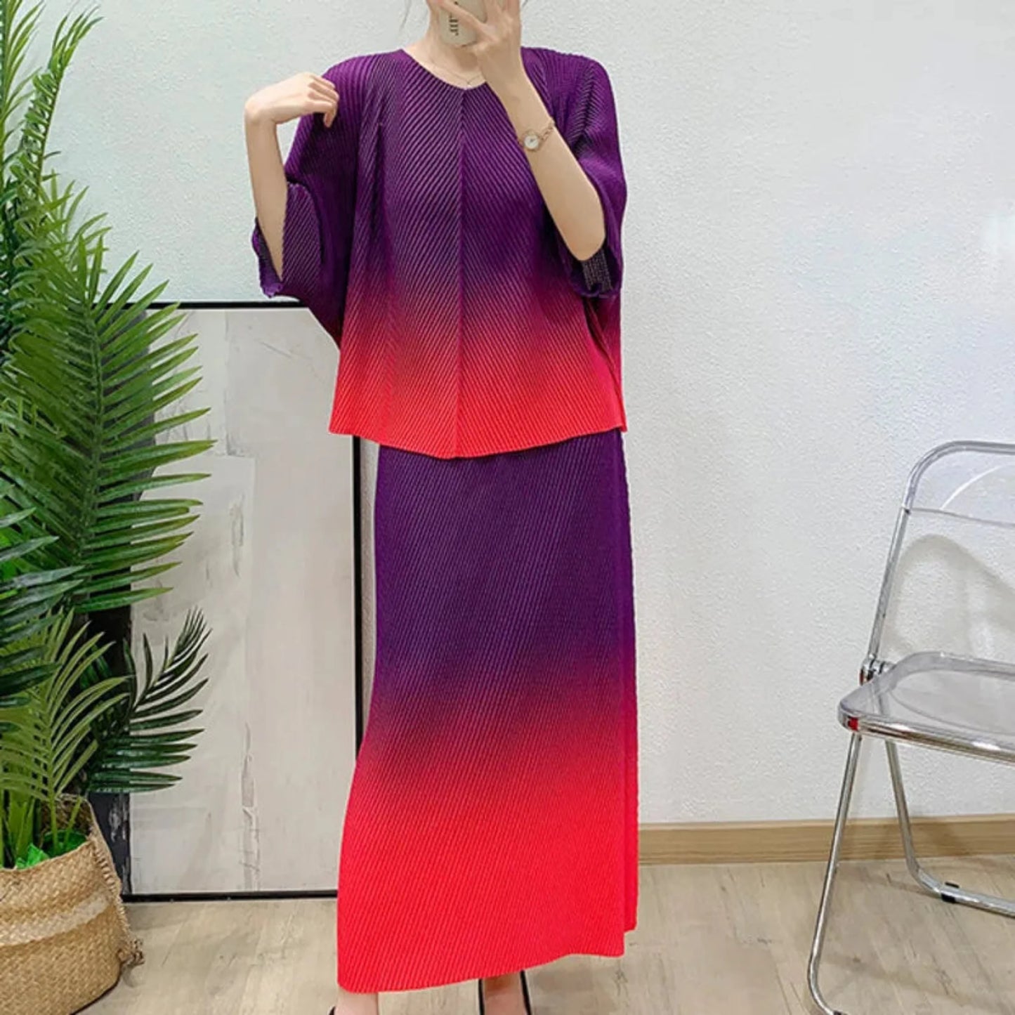 Ombré Pleated Midi Pull-On Skirt Co-Ord Set
