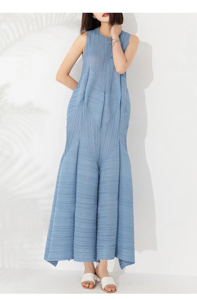 Japanese Pleated Midi Dress - Sleeveless