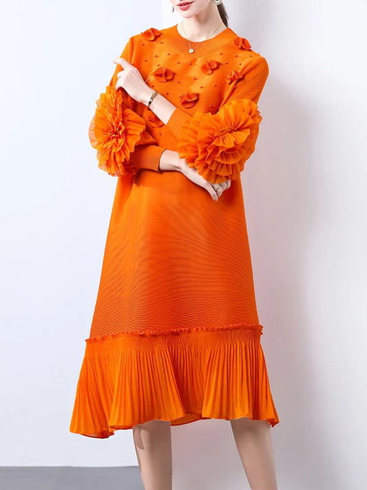Cocktail Party Dress - Pleated Midi, Statement Sleeves