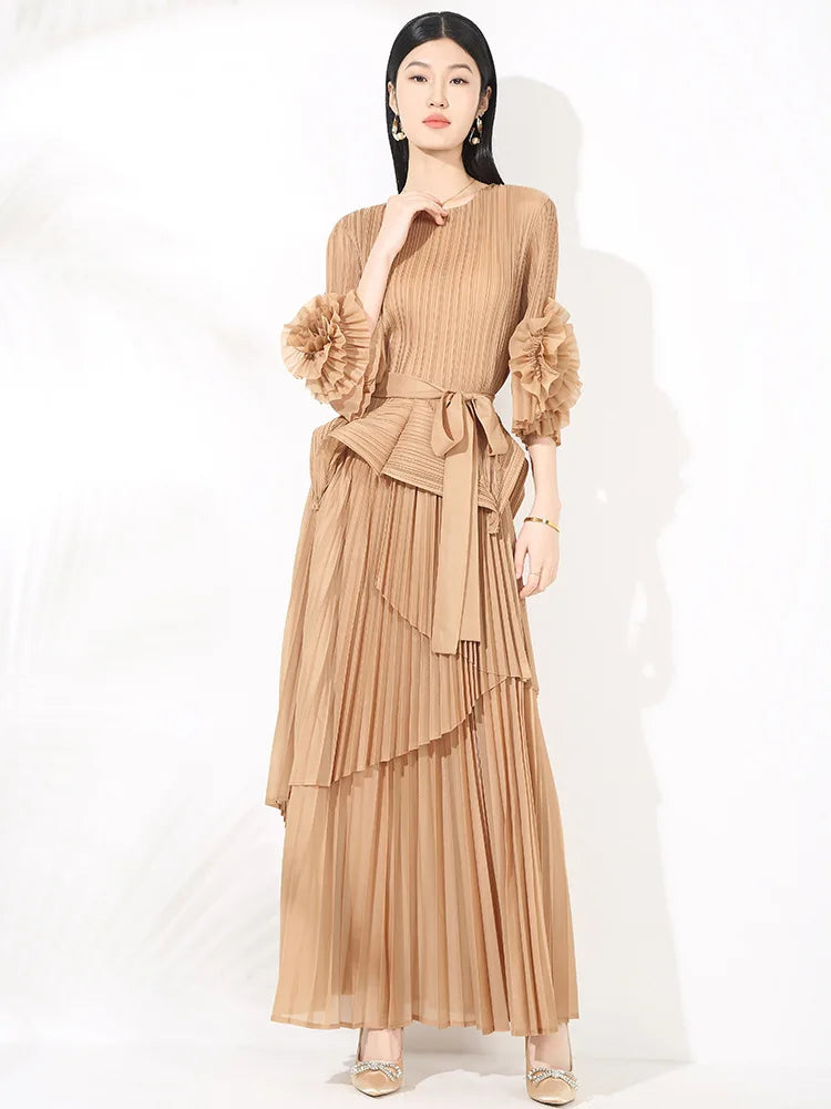 High-End Pleated Midi Skirt Set - Statement Sleeves