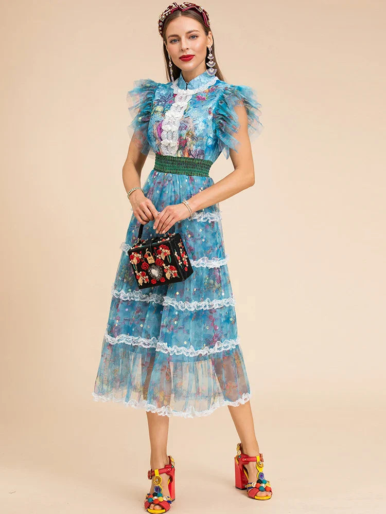 Blue Floral Midi Dress Ruffle Cap Sleeves
