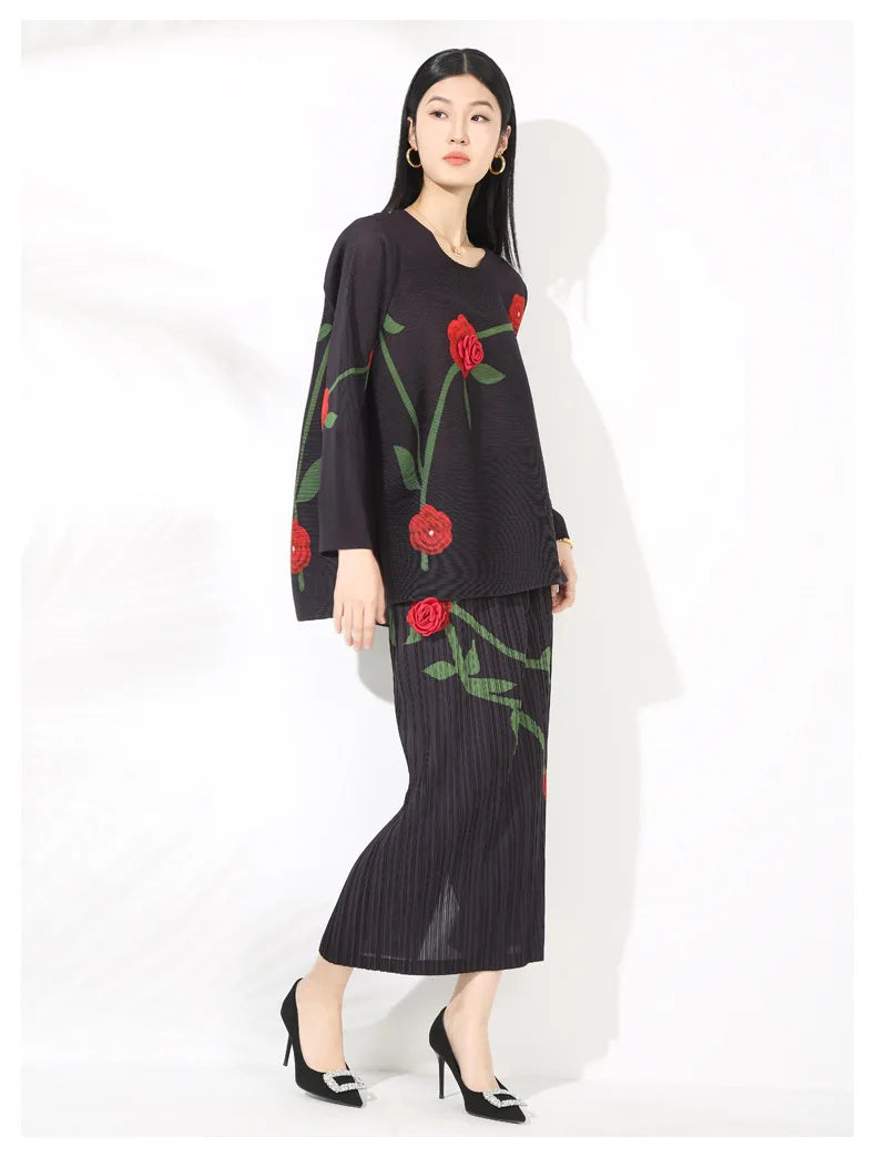 Luxe Feminine Rose Top & Pleated Skirt Set