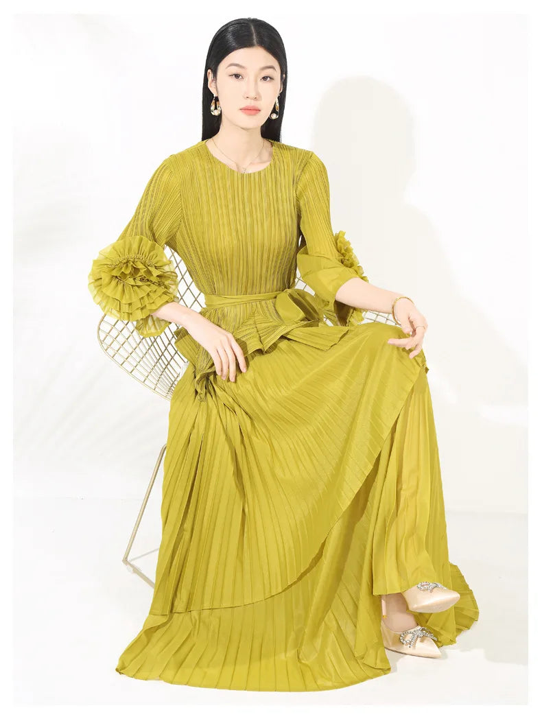 High-End Pleated Midi Skirt Set - Statement Sleeves