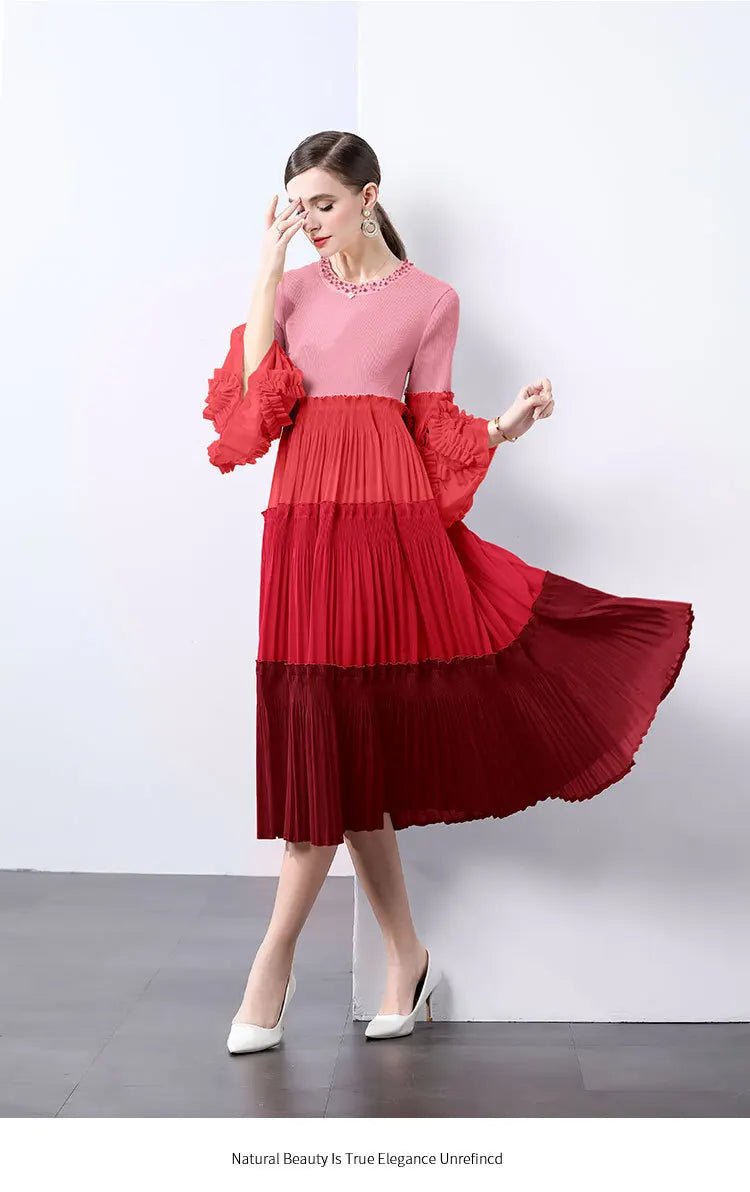 Ombre Pleated Dress - Ruffle Sleeve