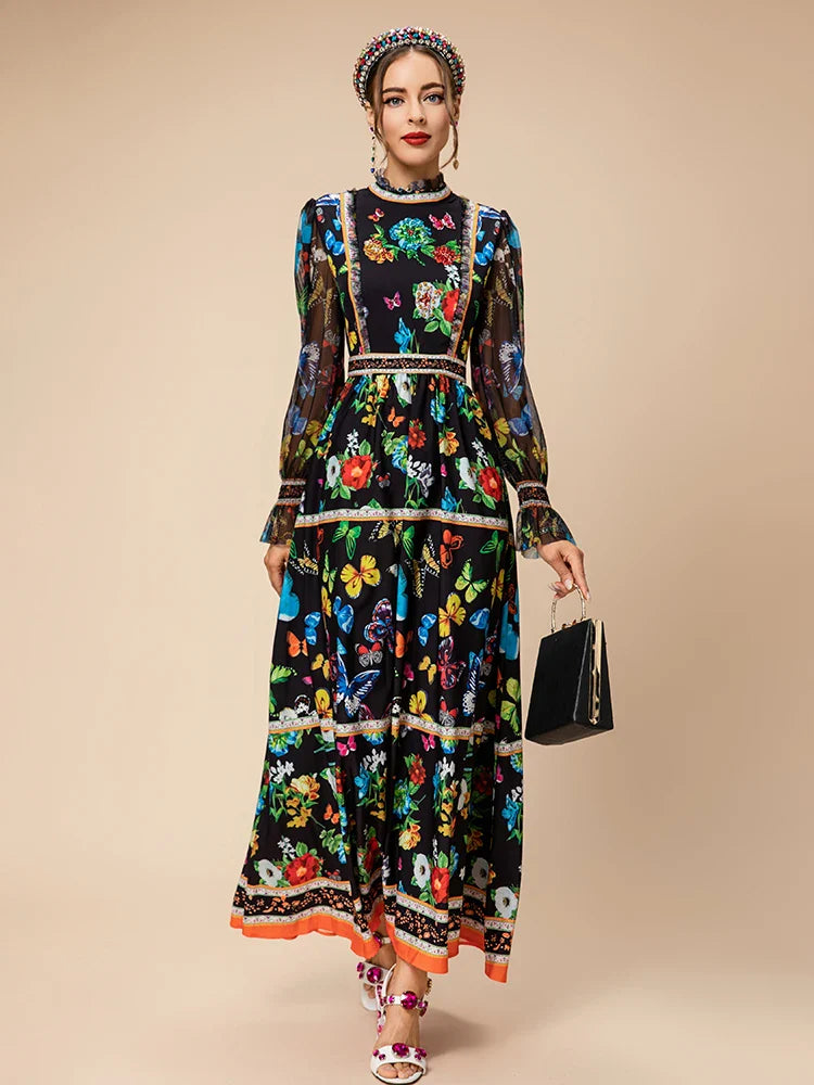 Boho Butterfly & Floral Midi Sheer Sleeves Dress