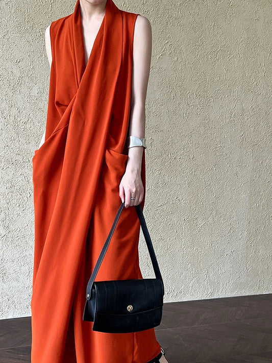 Elegant Draped Sleeveless Midi Dress with Pockets