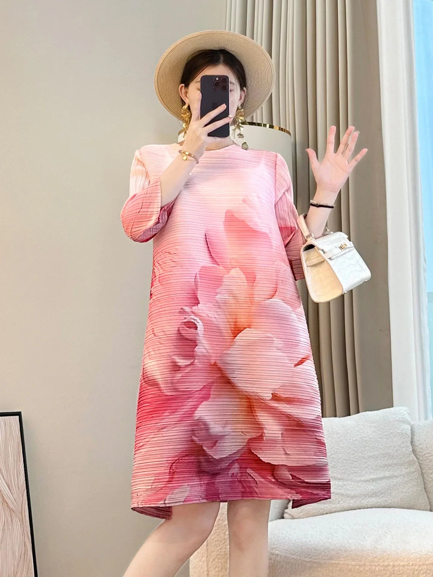 Luxury Pleated Floral Midi Dress