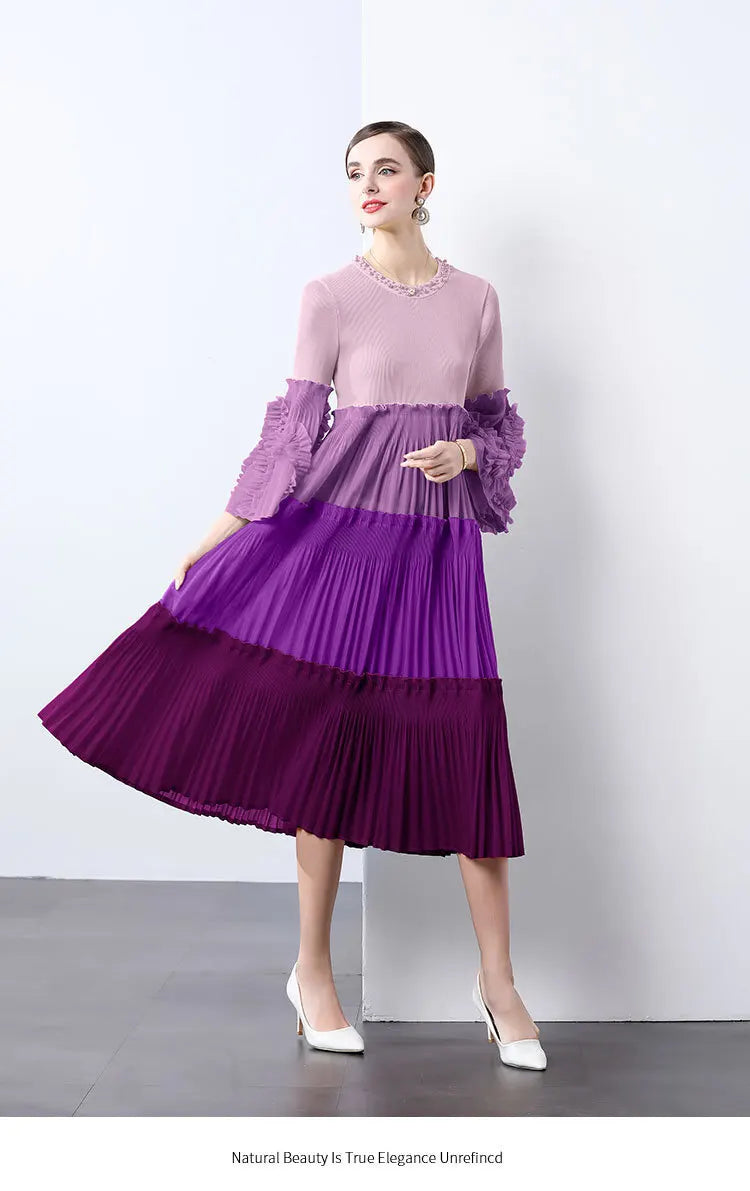 Ombre Pleated Dress - Ruffle Sleeve