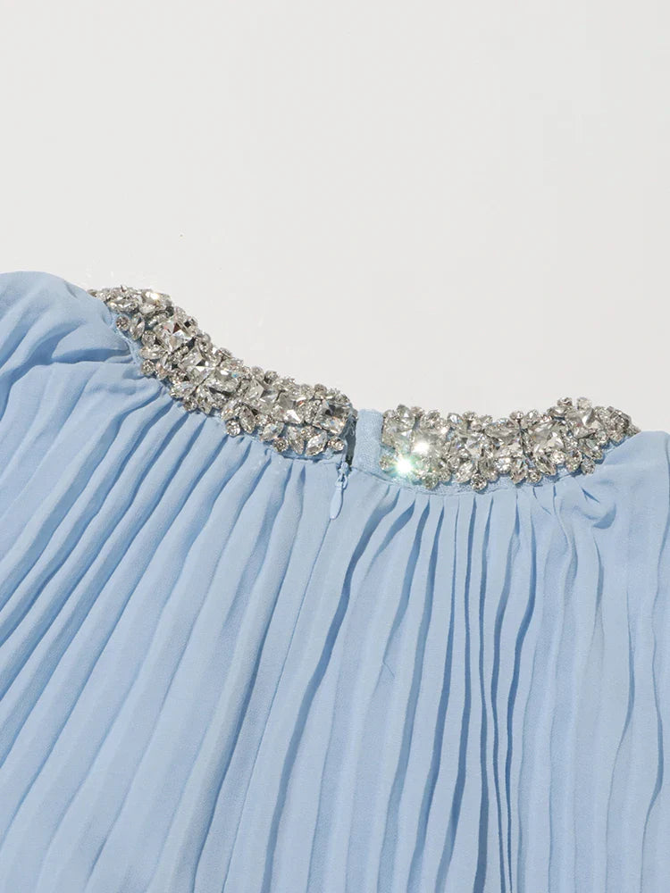 Women's Pleated Rhinestone Feather Midi Dress