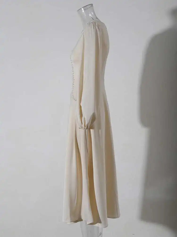 Cream Satin Midi Dress with Pearls