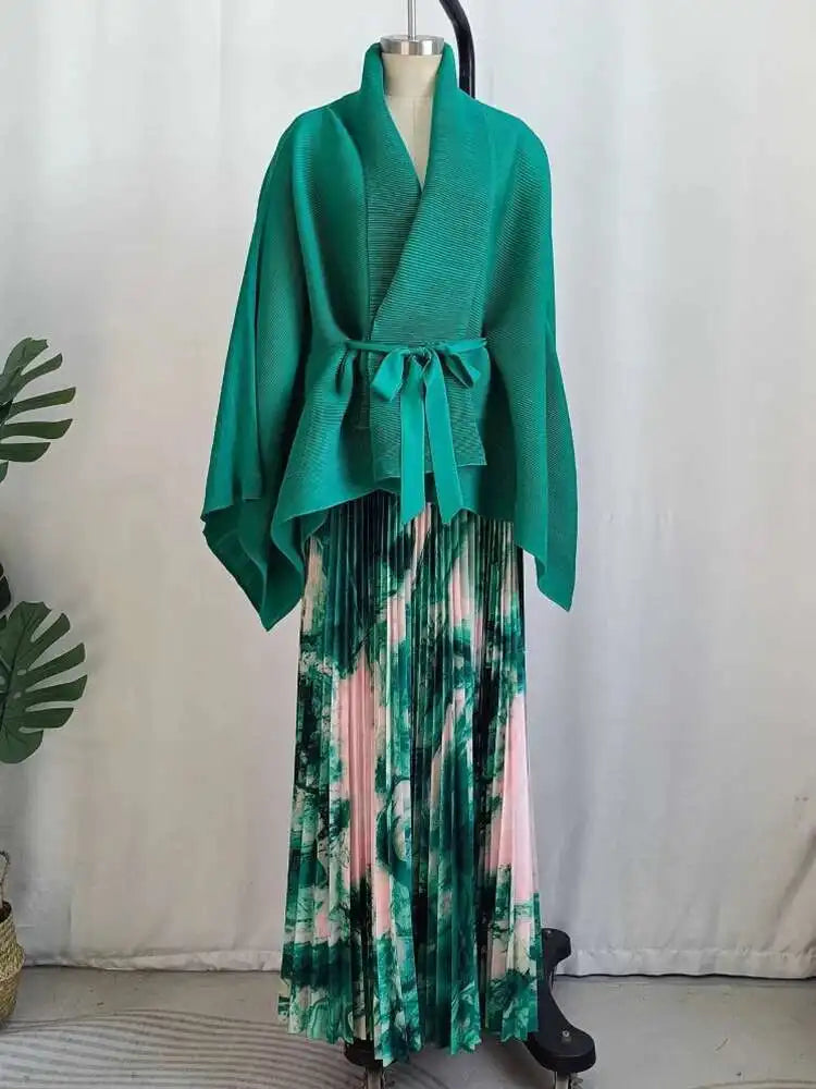 Pleated Tie-Front Duster & Skirt Set