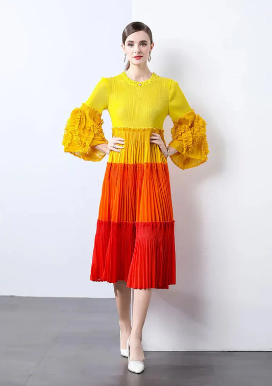 Ombre Pleated Dress - Ruffle Sleeve