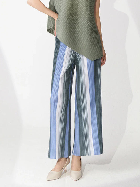 Striped Pleated Wide Leg Pants - Palazzo Style