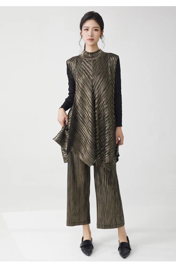 Metallic Pleated Tunic Top & Wide Leg Pants Set