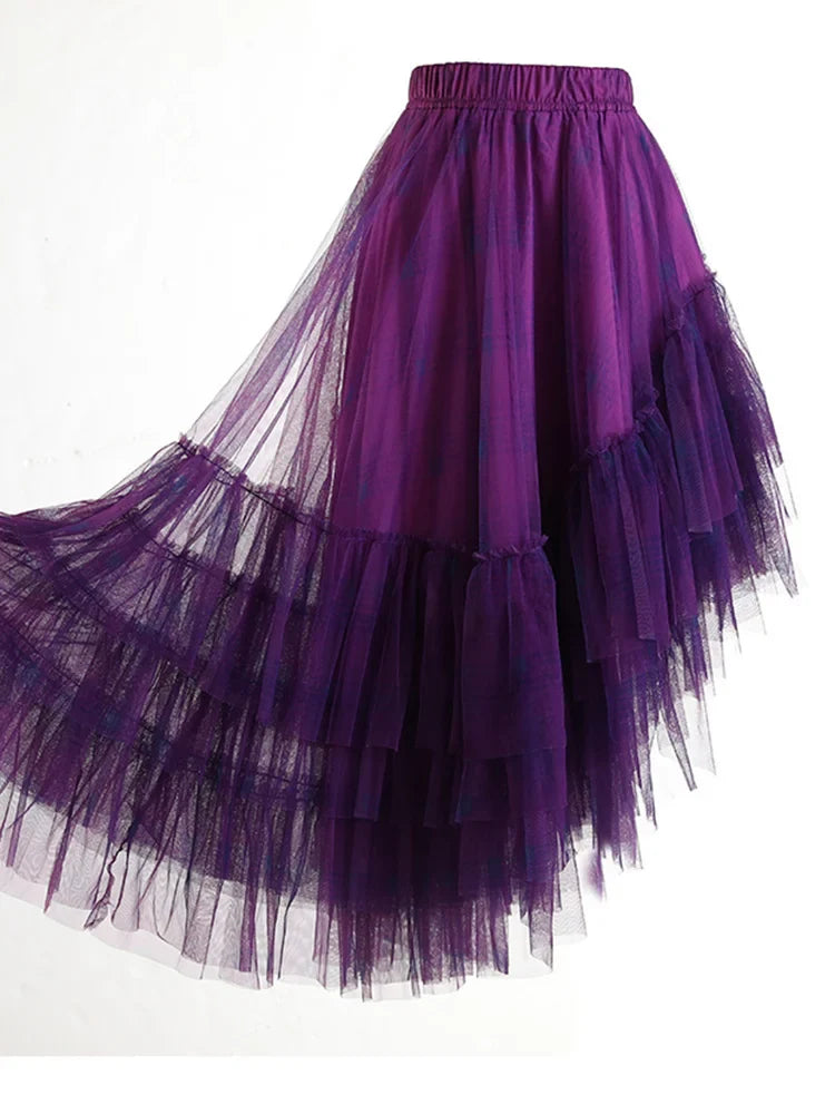 Asymmetric Tiered Tulle Ruffle Skirt