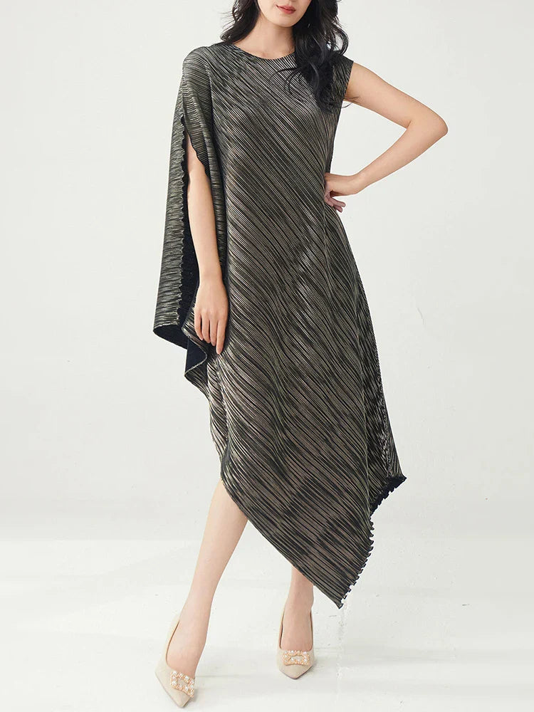 Pleated Asymmetric Dress - Unique Textured Drape
