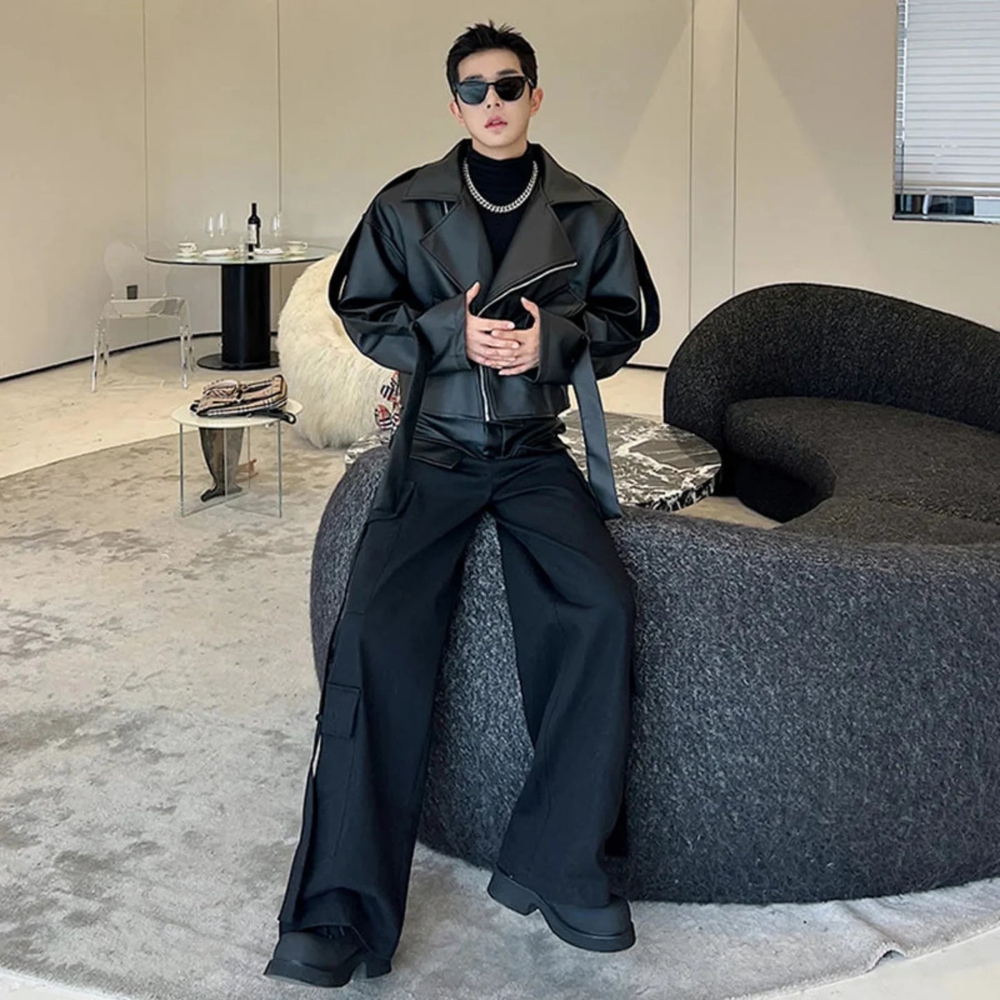 Men's Black Vegan Leather Streetwear Set