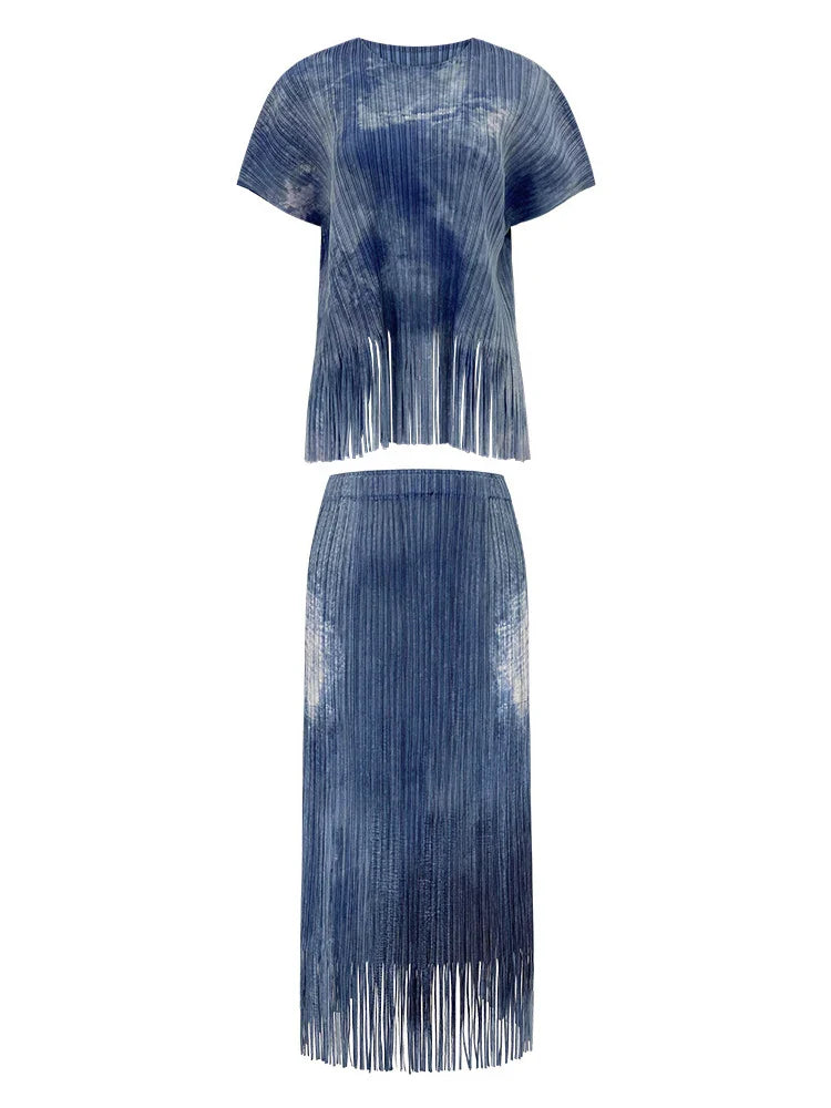Luxury Pleated Fringe Pull-On Skirt & Top