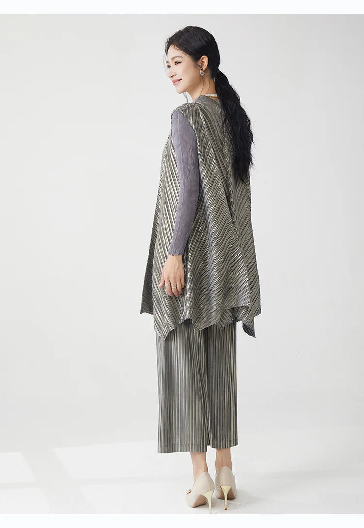 Metallic Pleated Tunic Top & Wide Leg Pants Set
