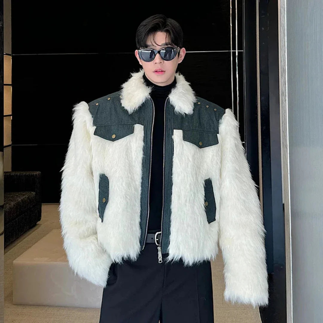 Men's Denim & Fluffy Faux Fur Short Coat