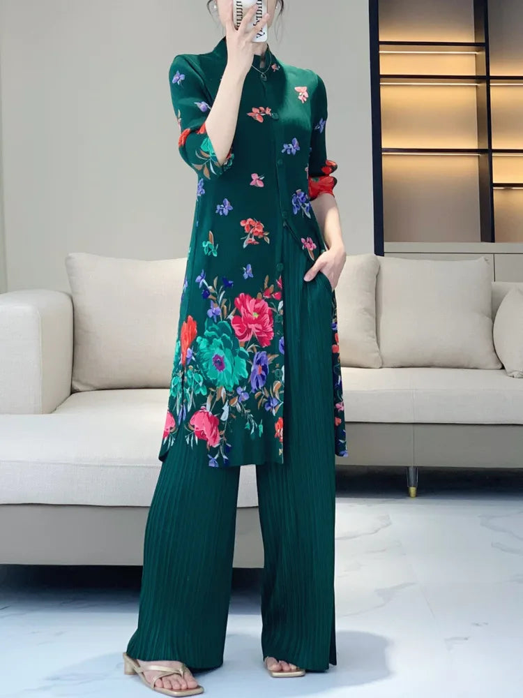 Floral Crepe de Chine Top & Pleated Trousers