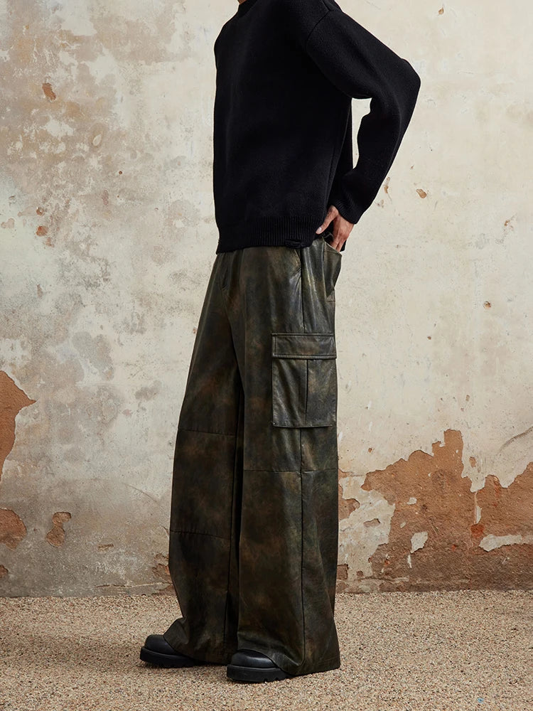 Men's Faux Leather Washed Brown Cargo Pants