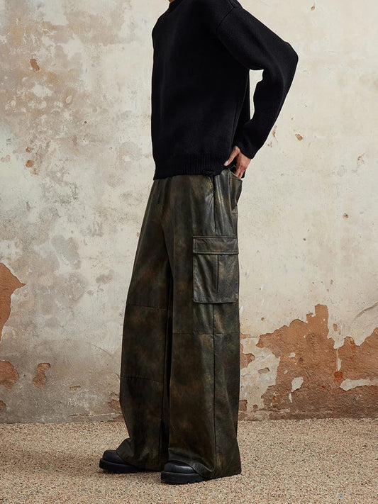 Men's Faux Leather Washed Brown Cargo Pants
