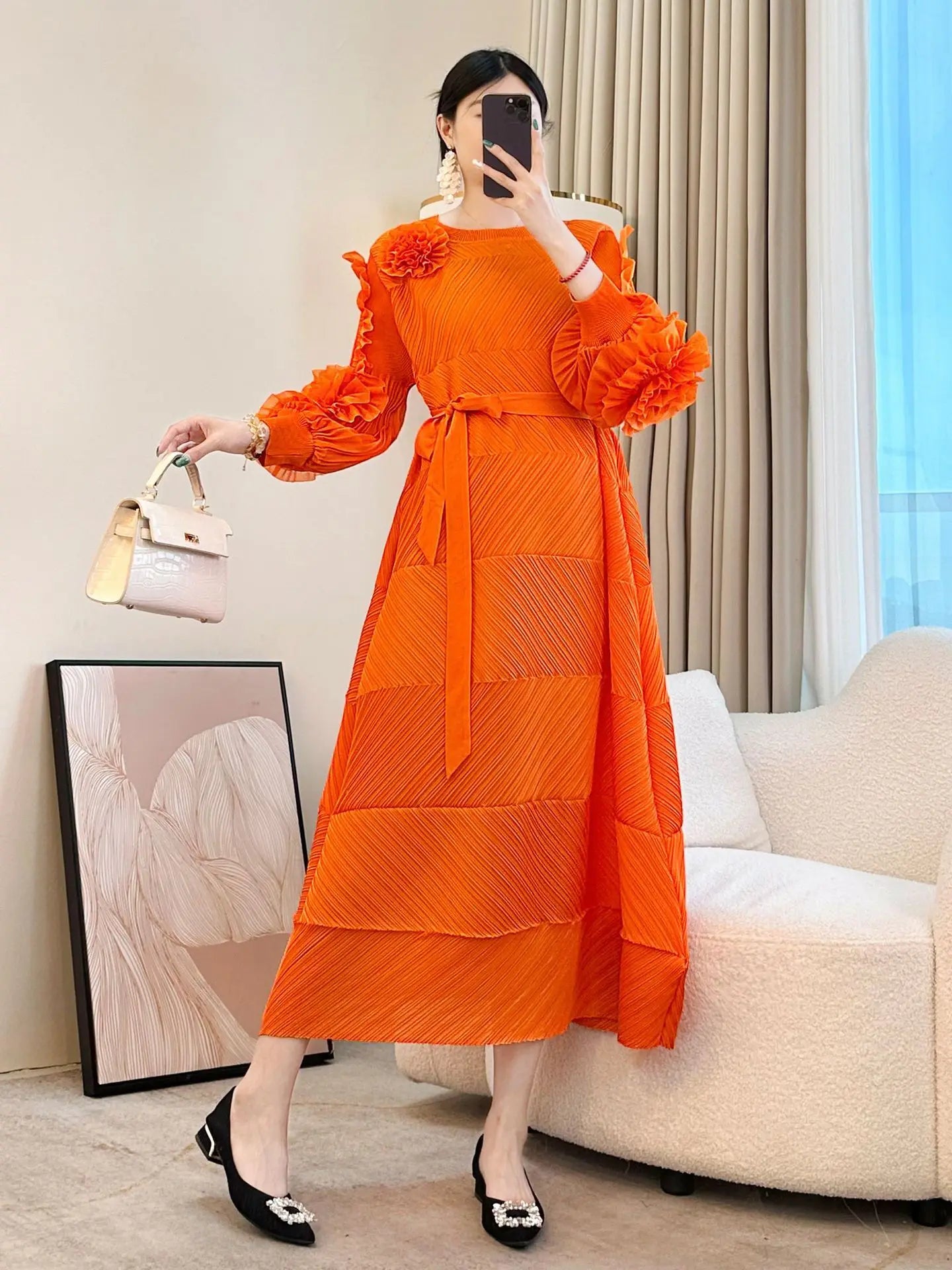 Elegant Pleated Floral Midi Dress