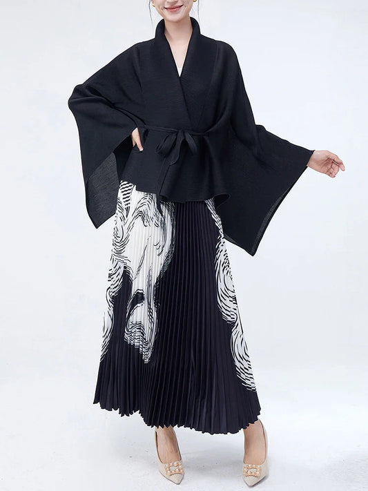 Luxe Black Wrap Top & Pleated Skirt Set