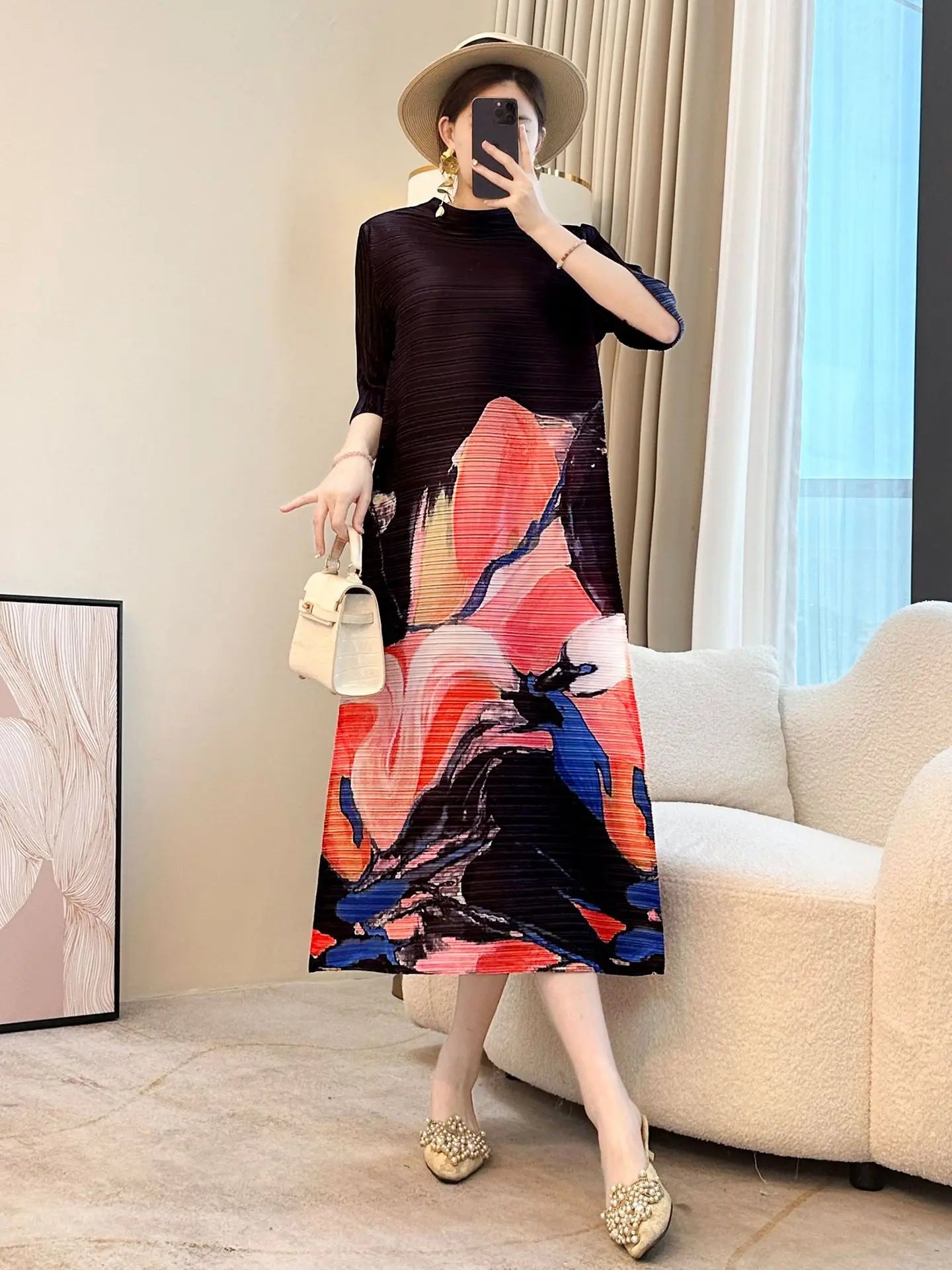 Japanese Floral Pleated Midi Dress