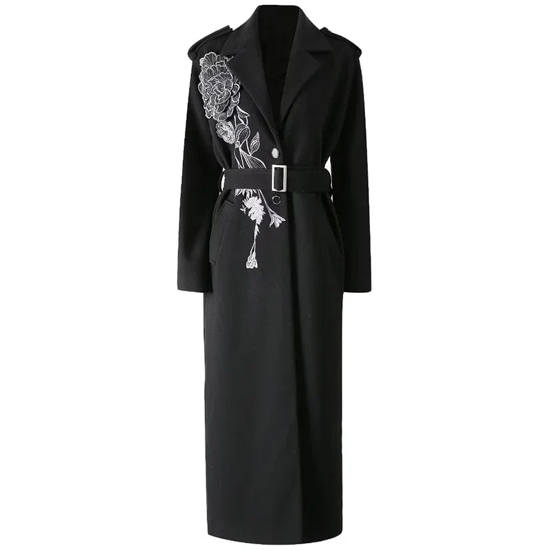 Women's Luxury Floral Embroidered Woolen Coat