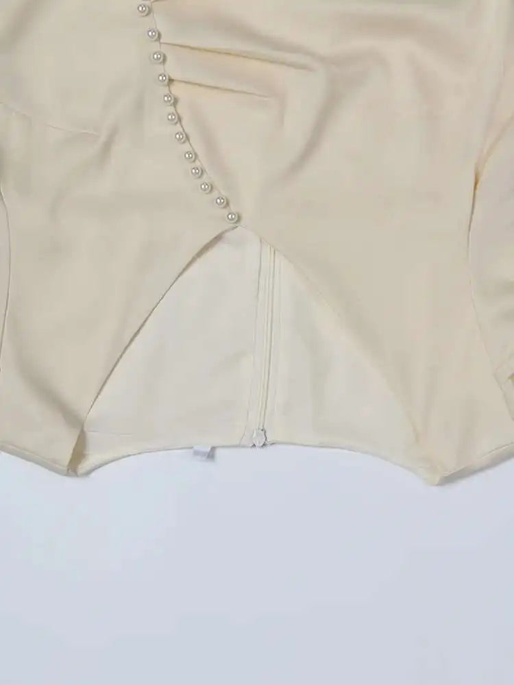 Cream Satin Midi Dress with Pearls