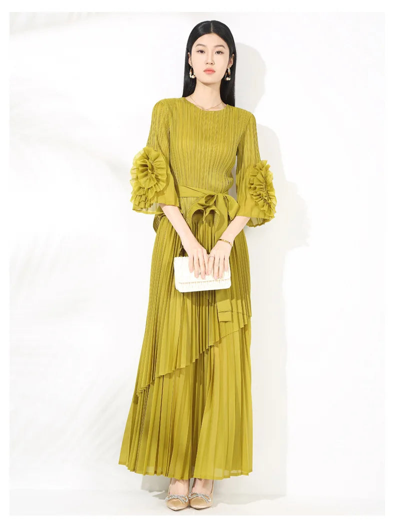 High-End Pleated Midi Skirt Set - Statement Sleeves